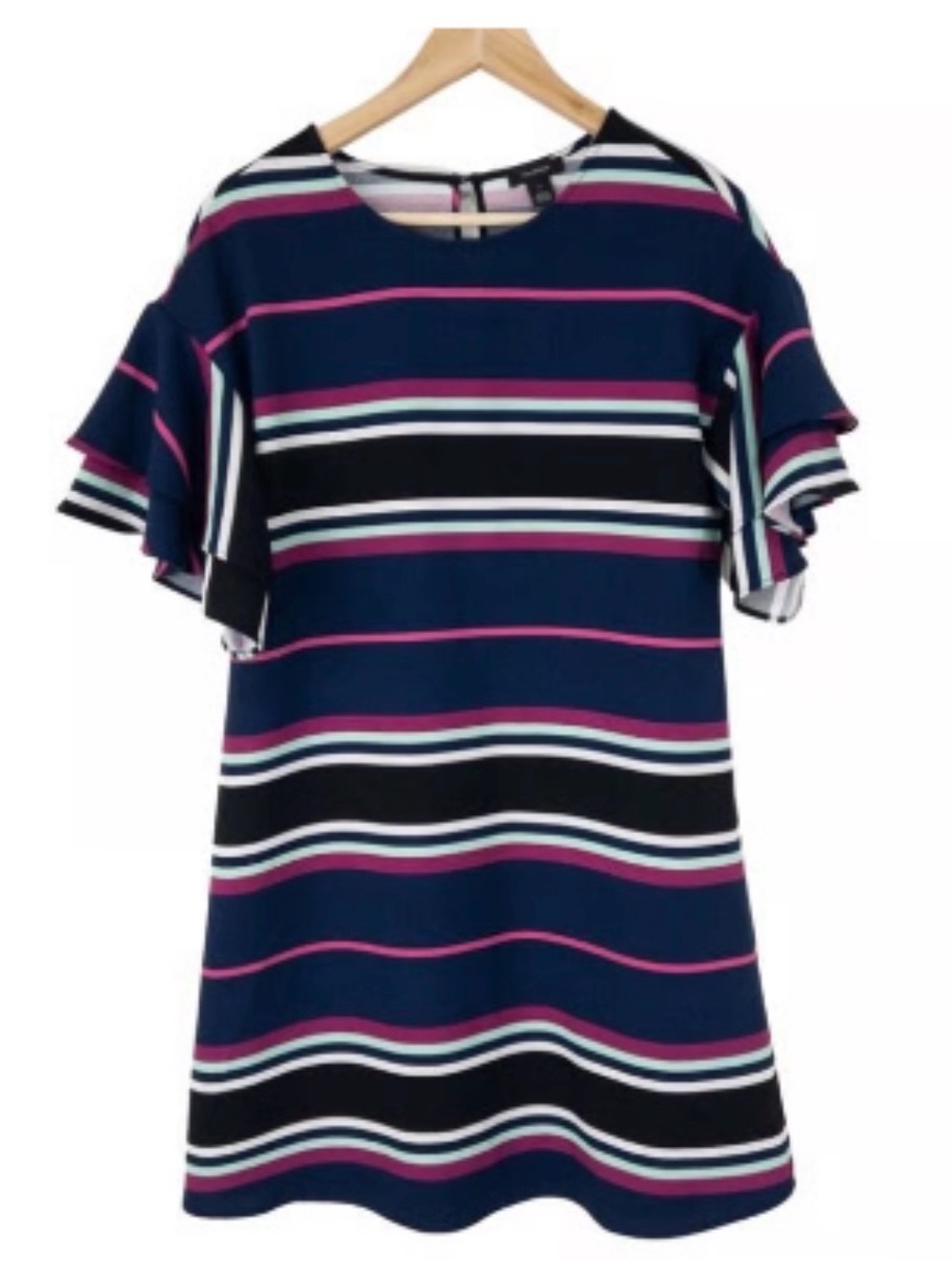 Halogen Navy Multistripe Ruffle Sleeve Dress